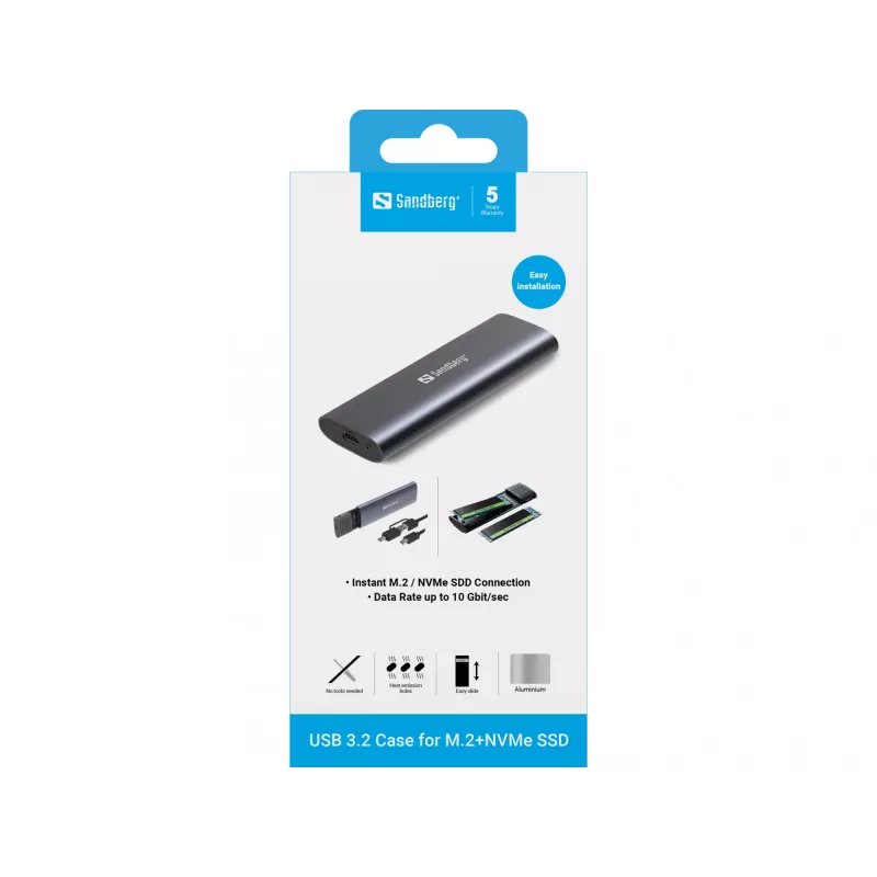 Sandberg USB 3.2 Case for M.2+NVMe SSD, SSD enclosure, M.2, M.2, 10 Gbit/s, USB connectivity, Black