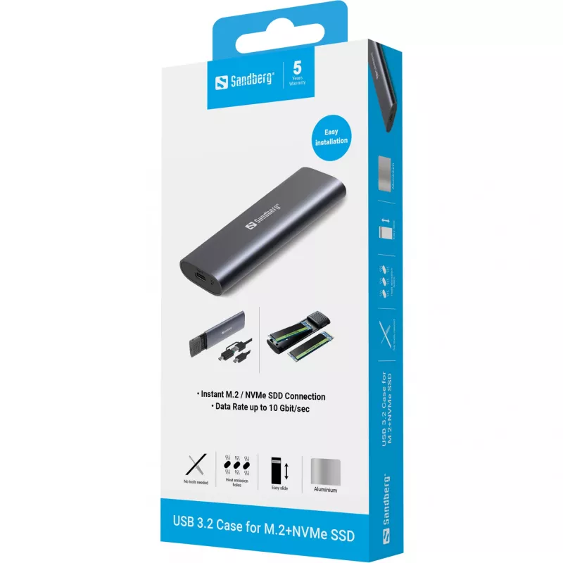 Sandberg USB 3.2 Case for M.2+NVMe SSD, SSD enclosure, M.2, M.2, 10 Gbit/s, USB connectivity, Black
