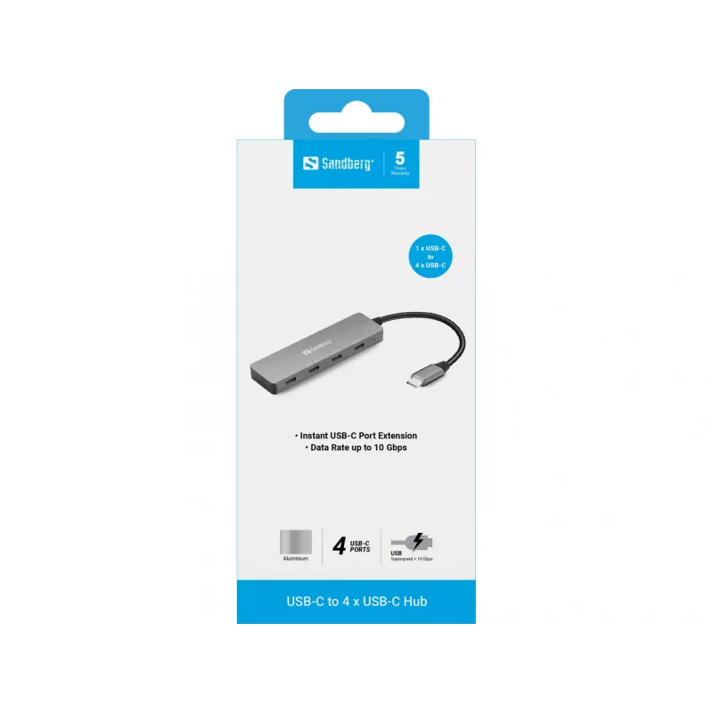 Sandberg USB-C to 4 x USB-C Hub, USB 3.2 Gen 1 (3.1 Gen 1) Type-C, USB 3.2 Gen 1 (3.1 Gen 1) Type-C, 10000 Mbit/s, Grey, Aluminium, 0.15 m