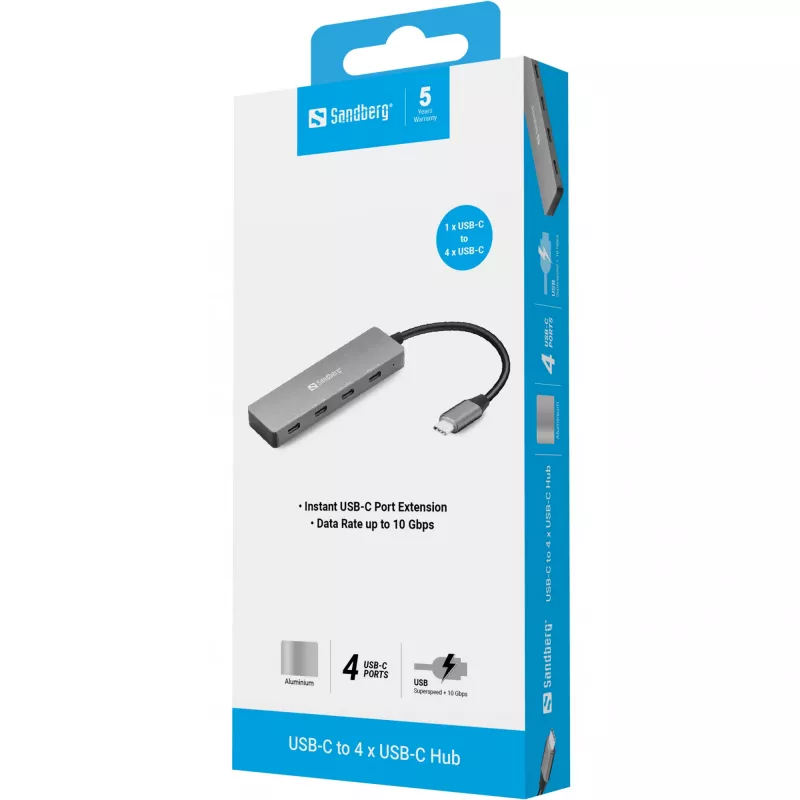 Sandberg USB-C to 4 x USB-C Hub, USB 3.2 Gen 1 (3.1 Gen 1) Type-C, USB 3.2 Gen 1 (3.1 Gen 1) Type-C, 10000 Mbit/s, Grey, Aluminium, 0.15 m