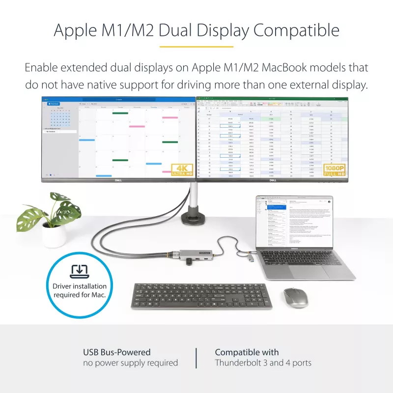 StarTech.com USB-C Multiport Adapter w/Attached USB-C to USB-A Dongle, Dual HDMI (4K30Hz/1080p60Hz), 3x USB-A 5Gbps, Mini Travel Dock, Laptop Docking Station, 1.3ft/40cm Cable