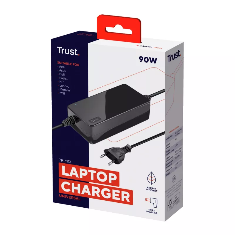 Trust Primo Universal 90W laptop charger, Laptop, Indoor, 100 - 240 V, 50/60 Hz, 90 W, 19 V