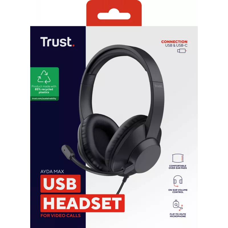Trust Ayda Max USB Headset Wired Head-band Office/Call center USB Type-C / USB Type-A Black