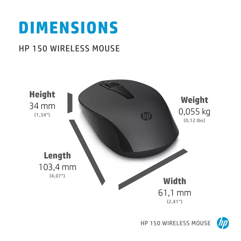 HP 150 Wireless Mouse, Ambidextrous, Optical, RF Wireless, 1600 DPI, Black