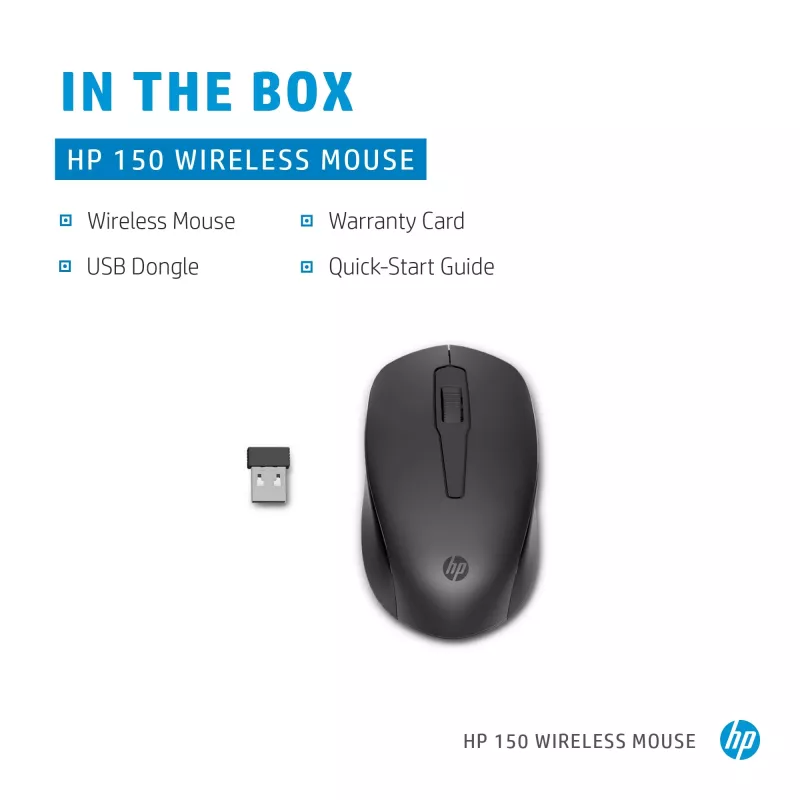 HP 150 Wireless Mouse, Ambidextrous, Optical, RF Wireless, 1600 DPI, Black