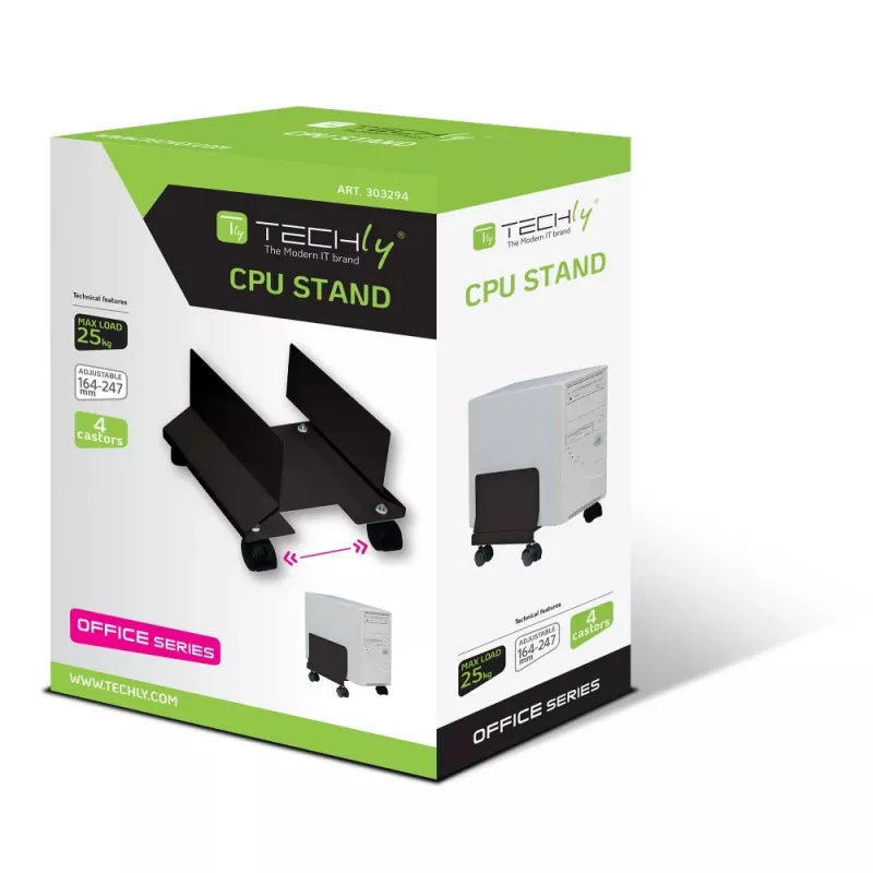 Techly CPU Steel Holder with Wheels, Black ICA-CS 34, Black, PC, Multimedia cart, 25 kg, 195 mm, 240 mm