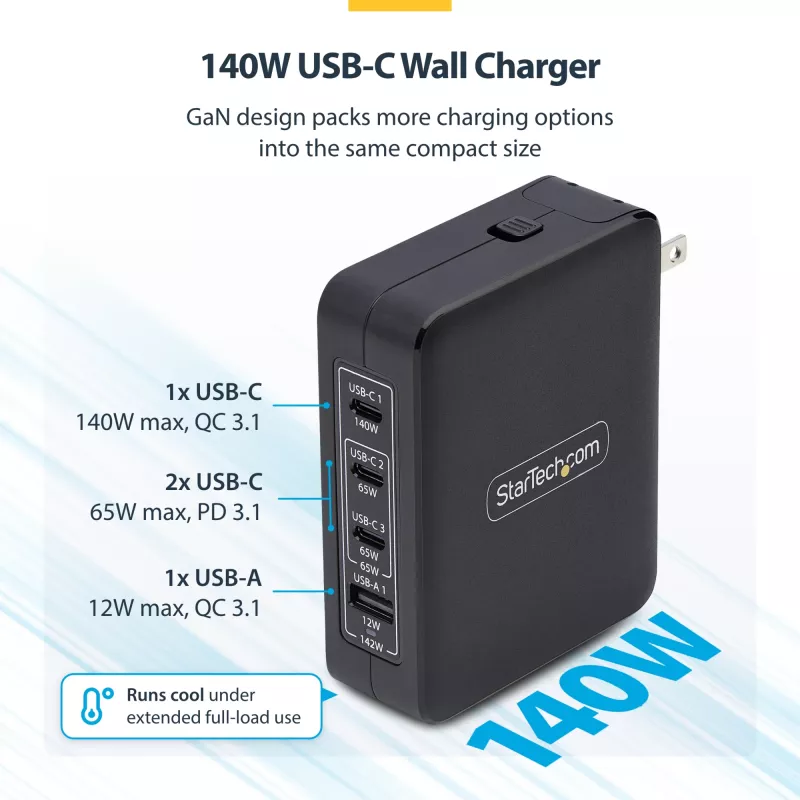 StarTech.com 140W USB-C Wall Charger, 3x USB-C/1x USB-A, PD 3.1 International GaN Power Adapter for MacBook/Dell XPS/Inspiron