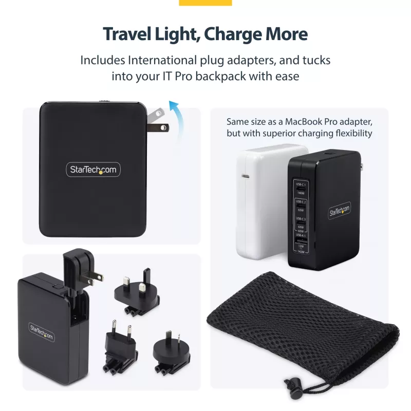 StarTech.com 140W USB-C Wall Charger, 3x USB-C/1x USB-A, PD 3.1 International GaN Power Adapter for MacBook/Dell XPS/Inspiron