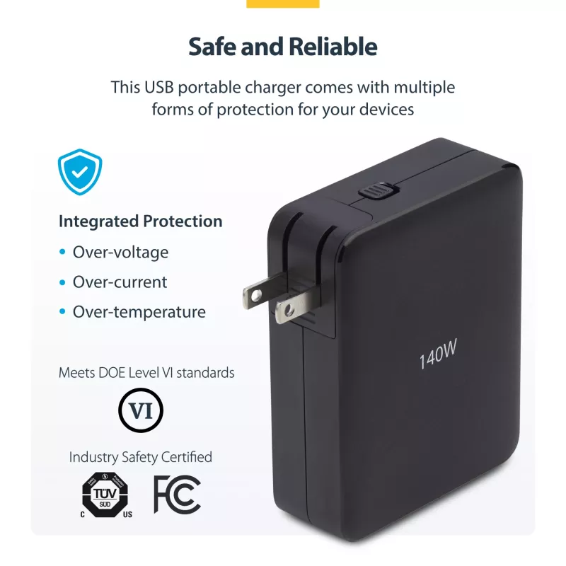 StarTech.com 140W USB-C Wall Charger, 3x USB-C/1x USB-A, PD 3.1 International GaN Power Adapter for MacBook/Dell XPS/Inspiron