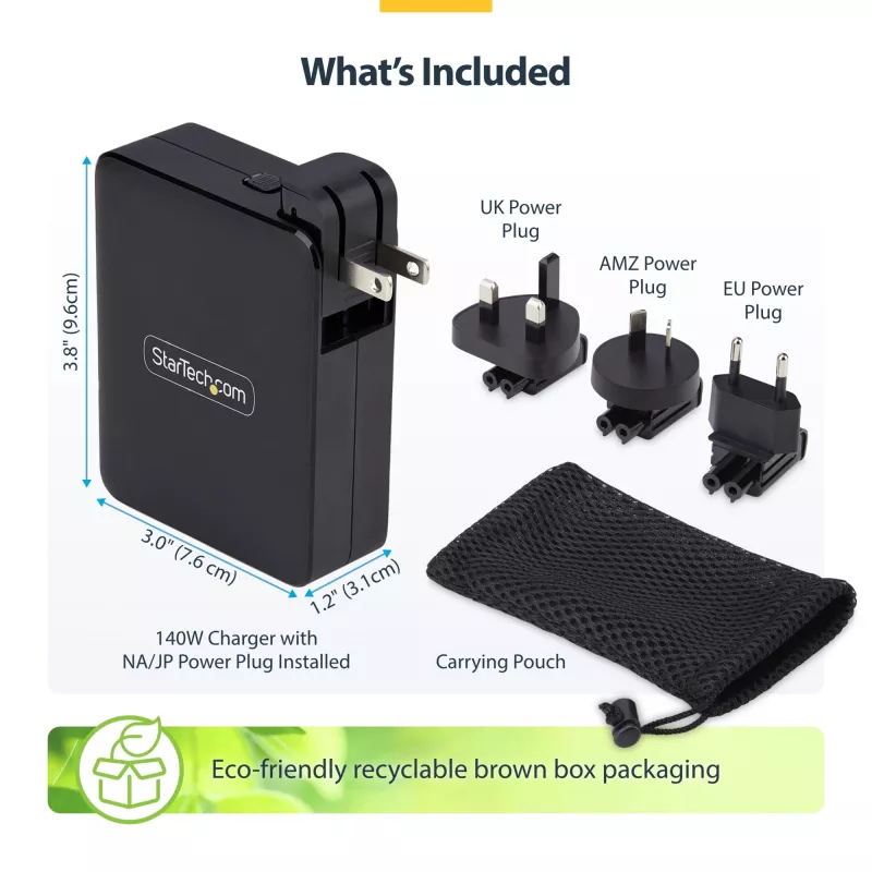 StarTech.com 140W USB-C Wall Charger, 3x USB-C/1x USB-A, PD 3.1 International GaN Power Adapter for MacBook/Dell XPS/Inspiron