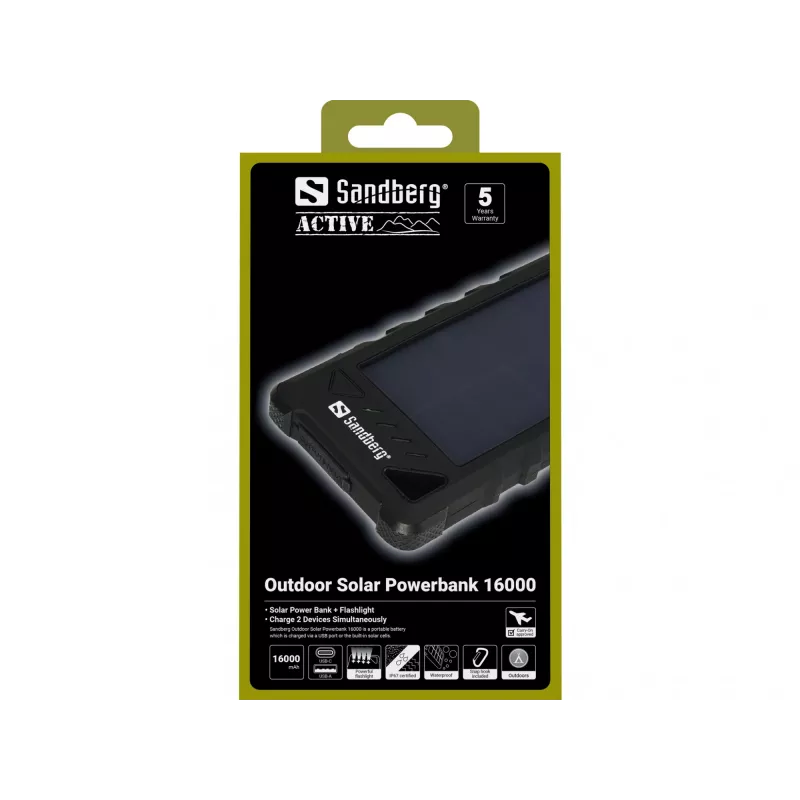 Sandberg Outdoor Solar Powerbank 16000, 16000 mAh, Lithium-Ion (Li-Ion), Black