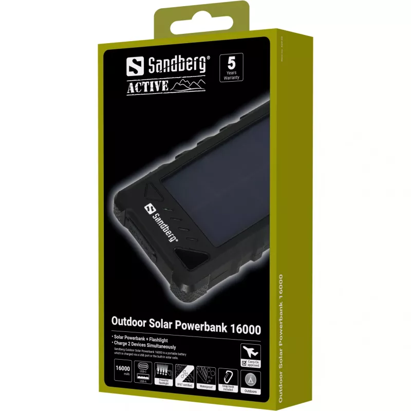Sandberg Outdoor Solar Powerbank 16000, 16000 mAh, Lithium-Ion (Li-Ion), Black