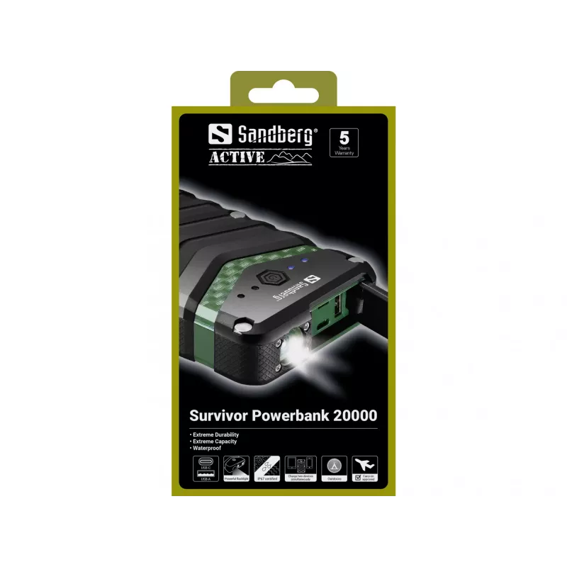 Sandberg Survivor Powerbank 20000, 20000 mAh, Lithium-Ion (Li-Ion), Black, Green