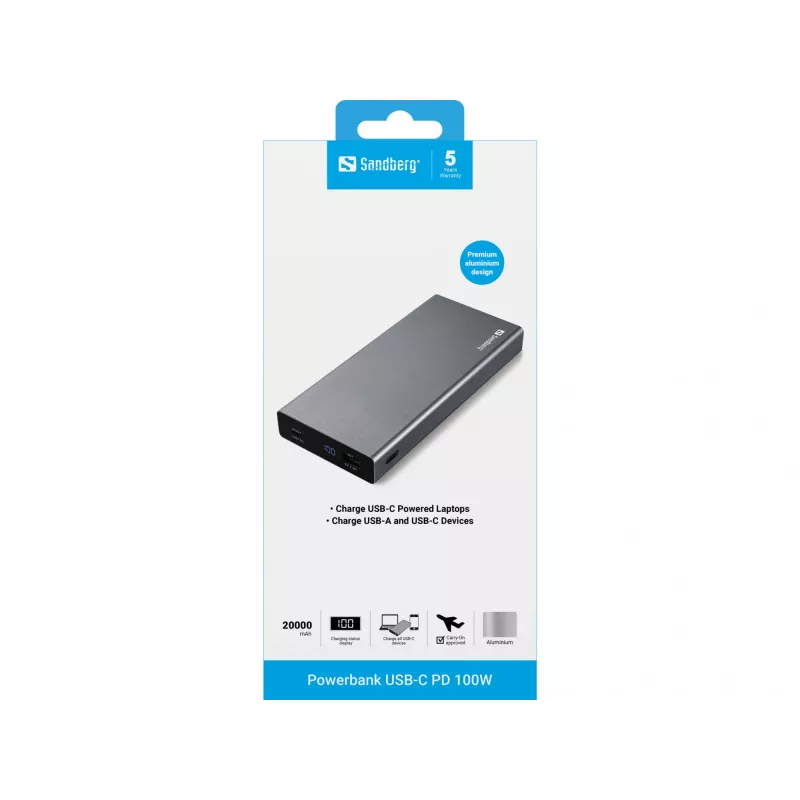 Sandberg Powerbank USB-C PD 100W 20000, 20000 mAh, Lithium-Ion (Li-Ion), Quick Charge 3.0, 100 W, Grey