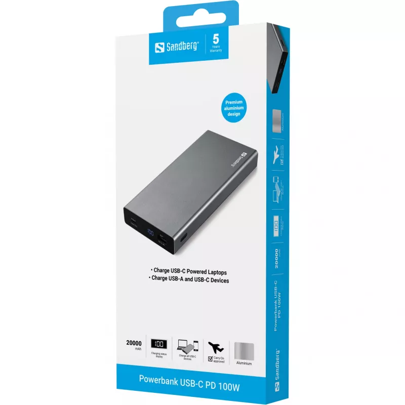 Sandberg Powerbank USB-C PD 100W 20000, 20000 mAh, Lithium-Ion (Li-Ion), Quick Charge 3.0, 100 W, Grey