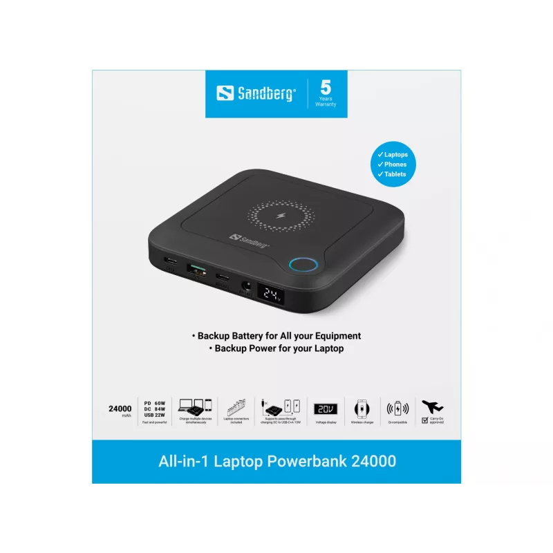 Sandberg All-in1 Laptop Powerbank 24000, 24000 mAh, Quick Charge 2.0, Wireless charging, Black