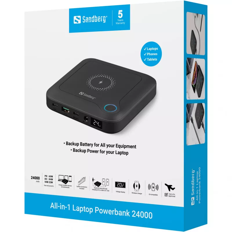 Sandberg All-in1 Laptop Powerbank 24000, 24000 mAh, Quick Charge 2.0, Wireless charging, Black