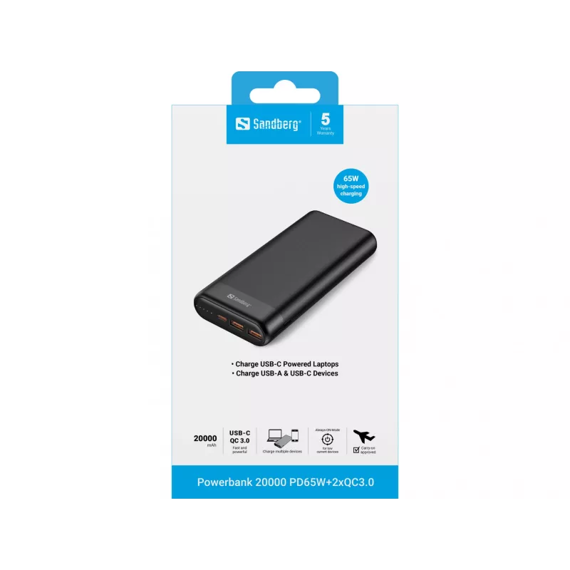 Sandberg Powerbank 20000 PD65W+2xQC3.0, 20000 mAh, Lithium-Ion (Li-Ion), Quick Charge 3.0, 65 W, Black
