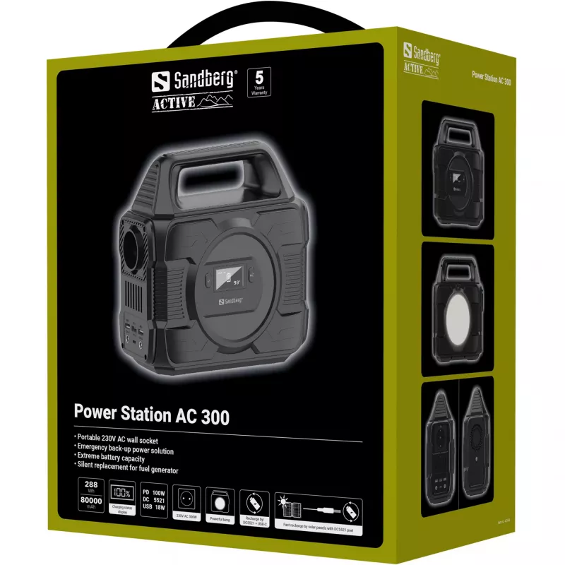 Sandberg Power Station AC 300, 80000 mAh, AC, DC, Solar, USB, 296 Wh, 300 W, 300 W, 6 A