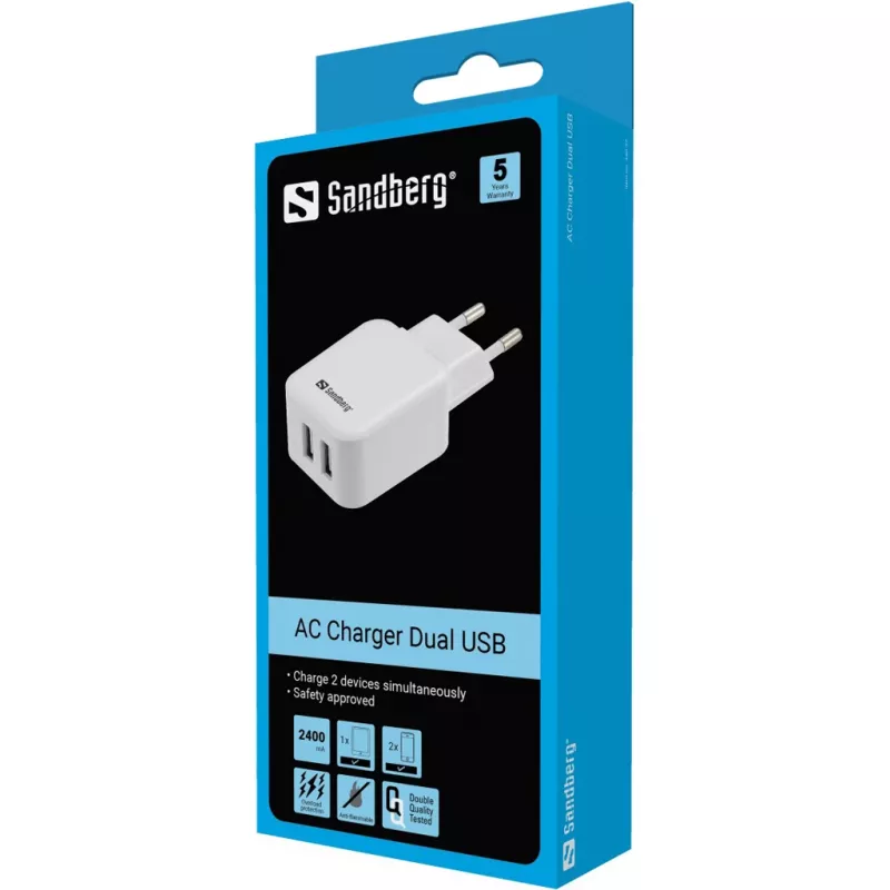Sandberg AC Charger Dual USB 2.4+1A EU, Indoor, AC, USB, 5 V, Black, White
