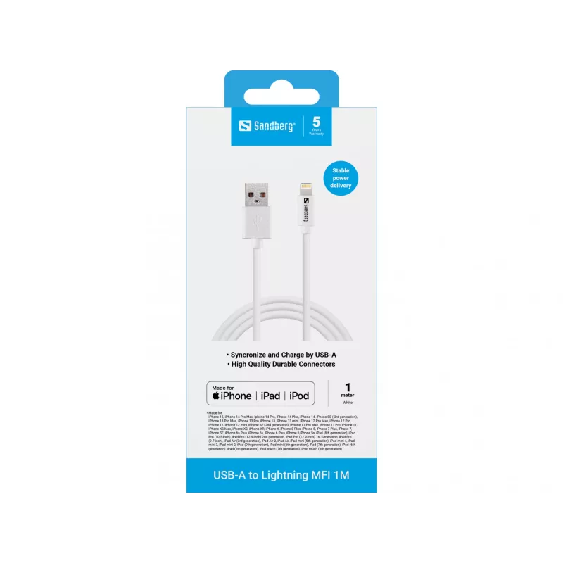 Sandberg USB-A to Lightning MFI 1M, 1 m, Lightning, USB A, White, Straight, Straight