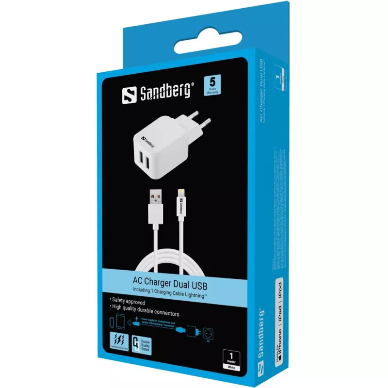 Sandberg AC Charger EU Lightning 2.4A, Indoor, AC, 5 V, White