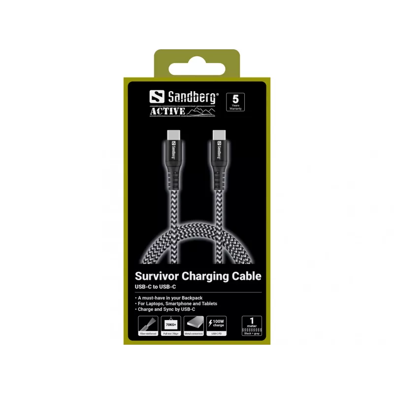 Sandberg Survivor USB-C Cable 1M 100W, 1 m, USB C, USB C, USB 2.0, Black, Grey