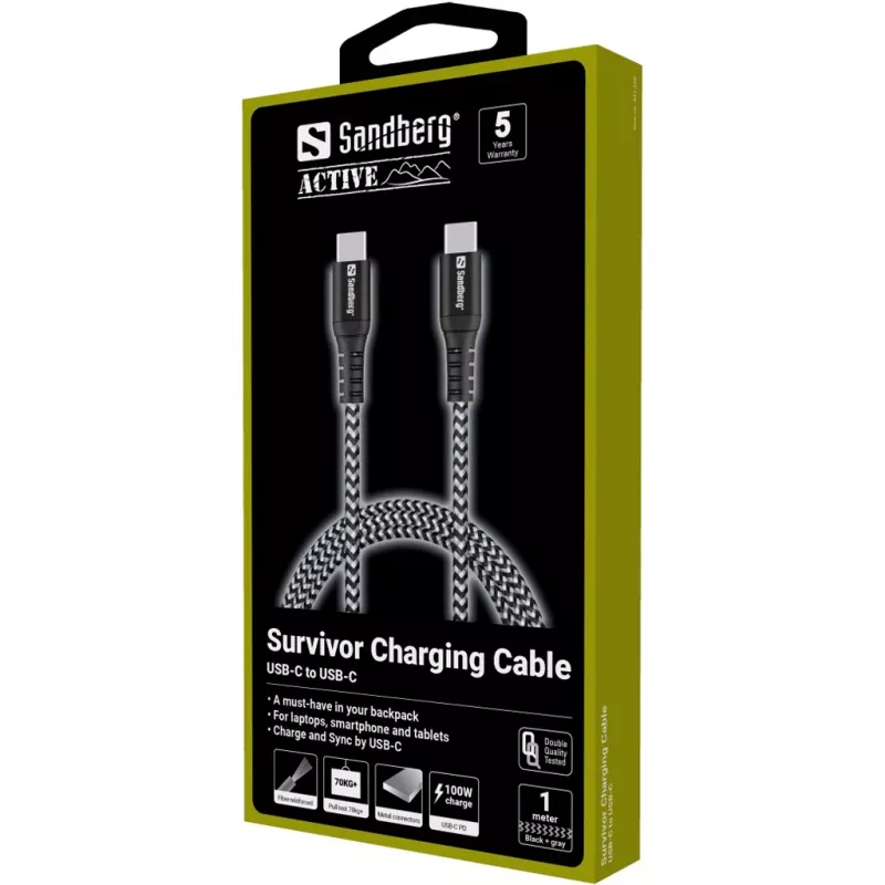 Sandberg Survivor USB-C Cable 1M 100W, 1 m, USB C, USB C, USB 2.0, Black, Grey