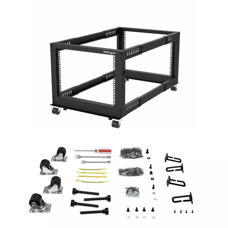 StarTech.com 4-Post 12U Mobile Open Frame Server Rack, 19 inch Network Rack with Wheels, Adjustable Depth 22-40 inch, 1200 lbs Capacity, Casters/Leveling Feet/Floor Mounting
