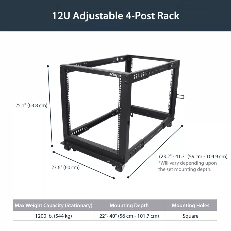 StarTech.com 4-Post 12U Mobile Open Frame Server Rack, 19 inch Network Rack with Wheels, Adjustable Depth 22-40 inch, 1200 lbs Capacity, Casters/Leveling Feet/Floor Mounting