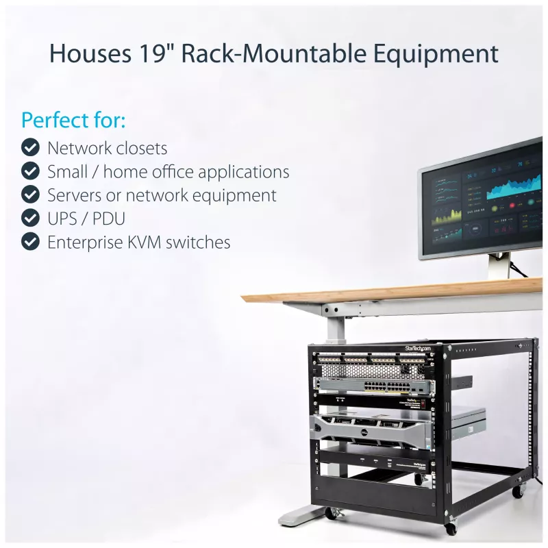 StarTech.com 4-Post 12U Mobile Open Frame Server Rack, 19 inch Network Rack with Wheels, Adjustable Depth 22-40 inch, 1200 lbs Capacity, Casters/Leveling Feet/Floor Mounting