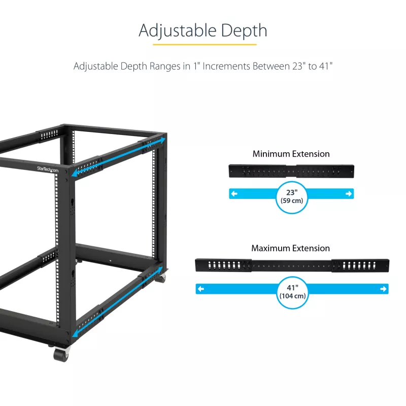 StarTech.com 4-Post 12U Mobile Open Frame Server Rack, 19 inch Network Rack with Wheels, Adjustable Depth 22-40 inch, 1200 lbs Capacity, Casters/Leveling Feet/Floor Mounting