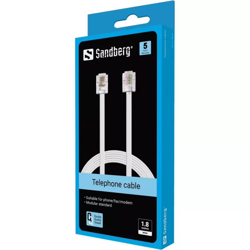 Sandberg Telephone RJ11-RJ11 1.8 m, 1.8 m, RJ11, RJ11, Male, Male, White