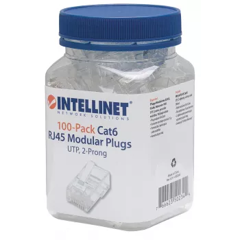 Intellinet RJ45 Modular Plugs, Cat6, UTP, 2-prong, for stranded wire, 15 µ gold plated contacts, 100 pack