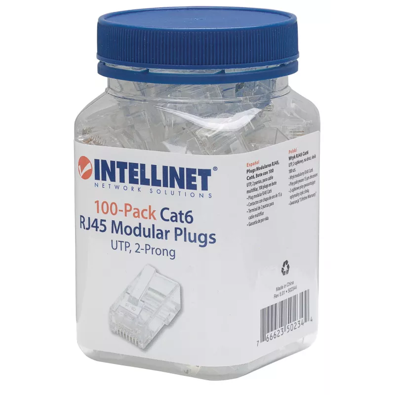 Intellinet RJ45 Modular Plugs, Cat6, UTP, 2-prong, for stranded wire, 15 µ gold plated contacts, 100 pack