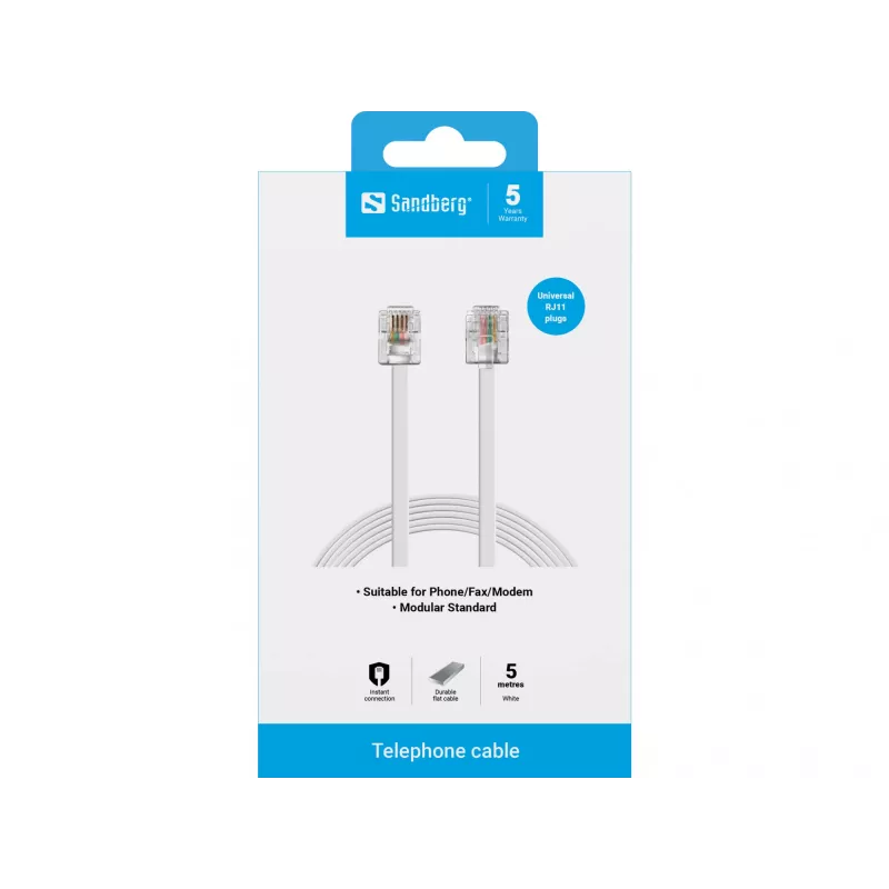 Sandberg Telephone RJ11-RJ11 5 m, 5 m, RJ11, RJ11, Male, Male, White