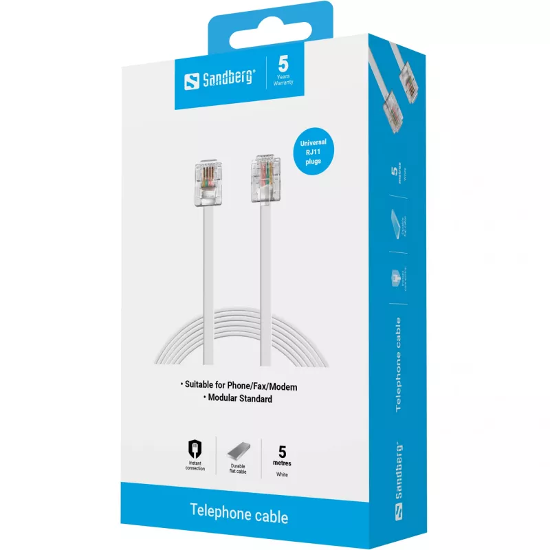Sandberg Telephone RJ11-RJ11 5 m, 5 m, RJ11, RJ11, Male, Male, White