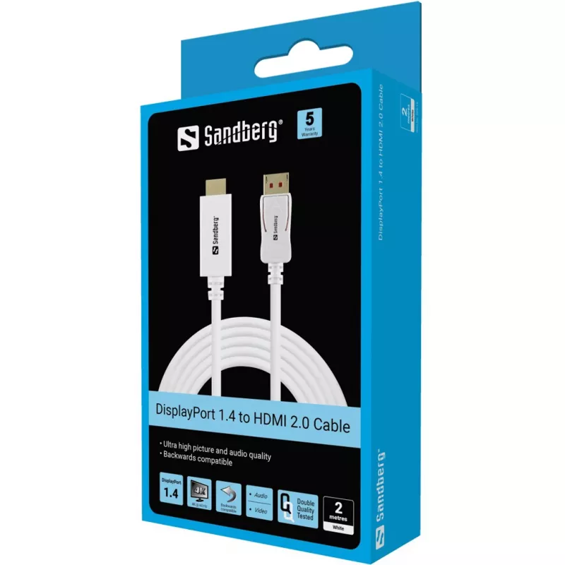 Sandberg DisplayPort 1.4-HDMI 4K60Hz 2m, 2 m, DisplayPort, HDMI, Male, Male, Straight