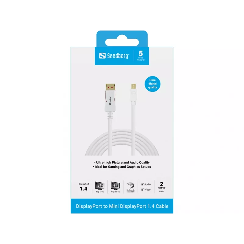 Sandberg DP-MiniDP 1.4 8K60Hz 2m, 2 m, DisplayPort, Mini DisplayPort, Male, Male, 7680 x 4320 pixels