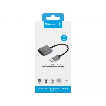 Sandberg DisplayPort 1.4 to HDMI 2.0 4K Adapter, DisplayPort, HDMI Type A (Standard), Male, Female, 3840 x 2160 pixels, 6 Gbit/s