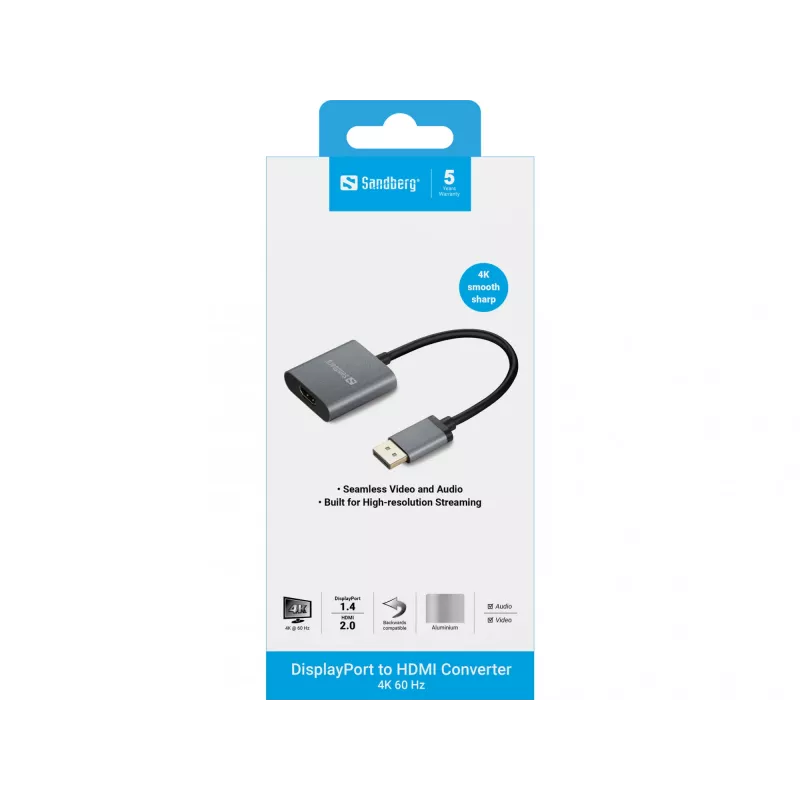 Sandberg DisplayPort 1.4 to HDMI 2.0 4K Adapter, DisplayPort, HDMI Type A (Standard), Male, Female, 3840 x 2160 pixels, 6 Gbit/s