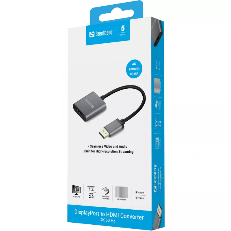 Sandberg DisplayPort 1.4 to HDMI 2.0 4K Adapter, DisplayPort, HDMI Type A (Standard), Male, Female, 3840 x 2160 pixels, 6 Gbit/s