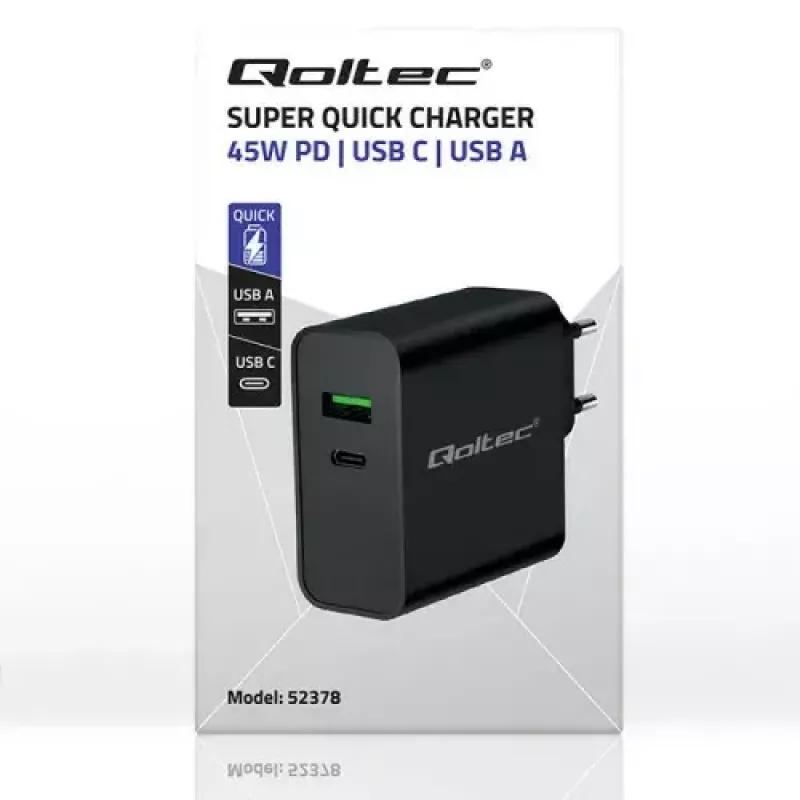 Charger Qoltec 52378 Indoor AC Fast Charging 3A USB Type-C Black