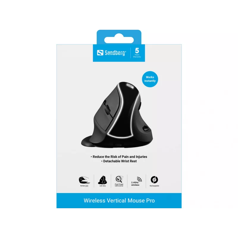 Sandberg Wireless Vertical Mouse Pro, Right-hand, Vertical design, Optical, RF Wireless, 1600 DPI, Black