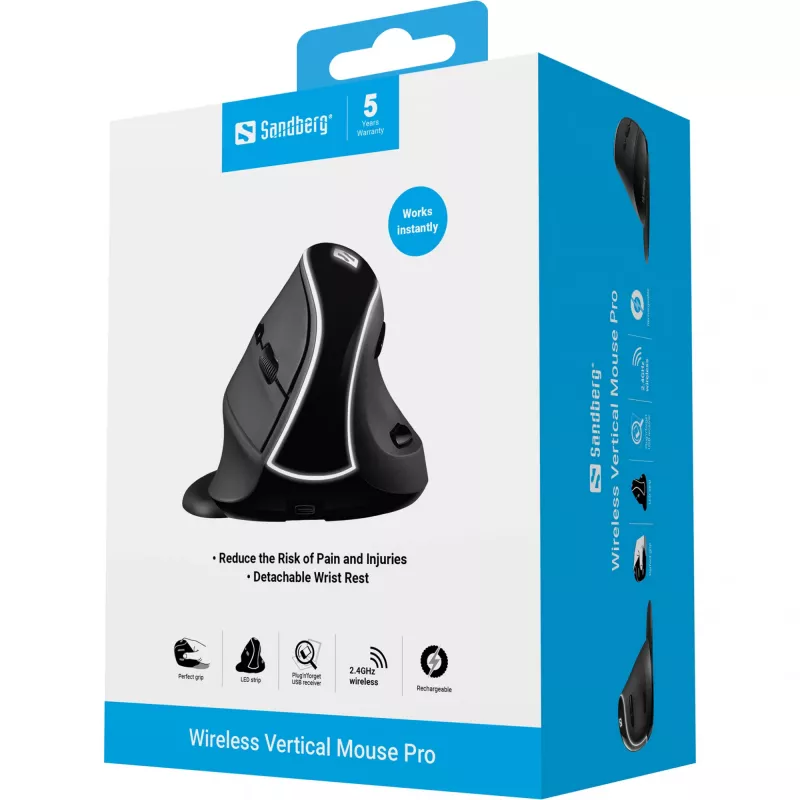 Sandberg Wireless Vertical Mouse Pro, Right-hand, Vertical design, Optical, RF Wireless, 1600 DPI, Black