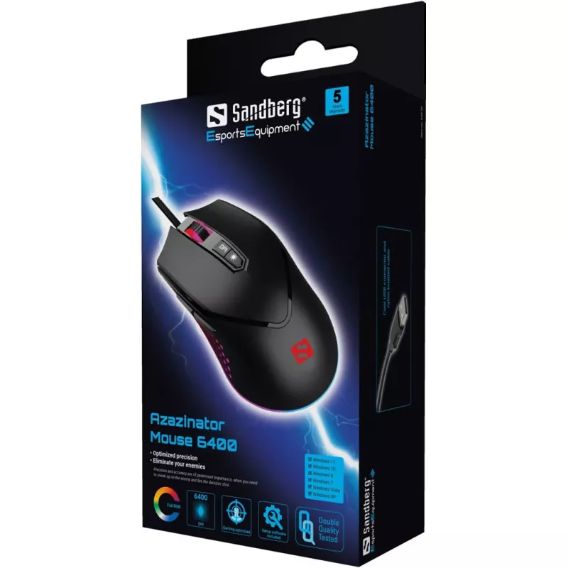 Sandberg Azazinator Mouse 6400, Right-hand, USB Type-A, 6400 DPI, Black
