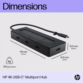 HP 4K USB-C Multiport Hub, USB Type-C, USB 3.2 Gen 2 (3.1 Gen 2) Type-C, 10000 Mbit/s, Black, 4K Ultra HD, China