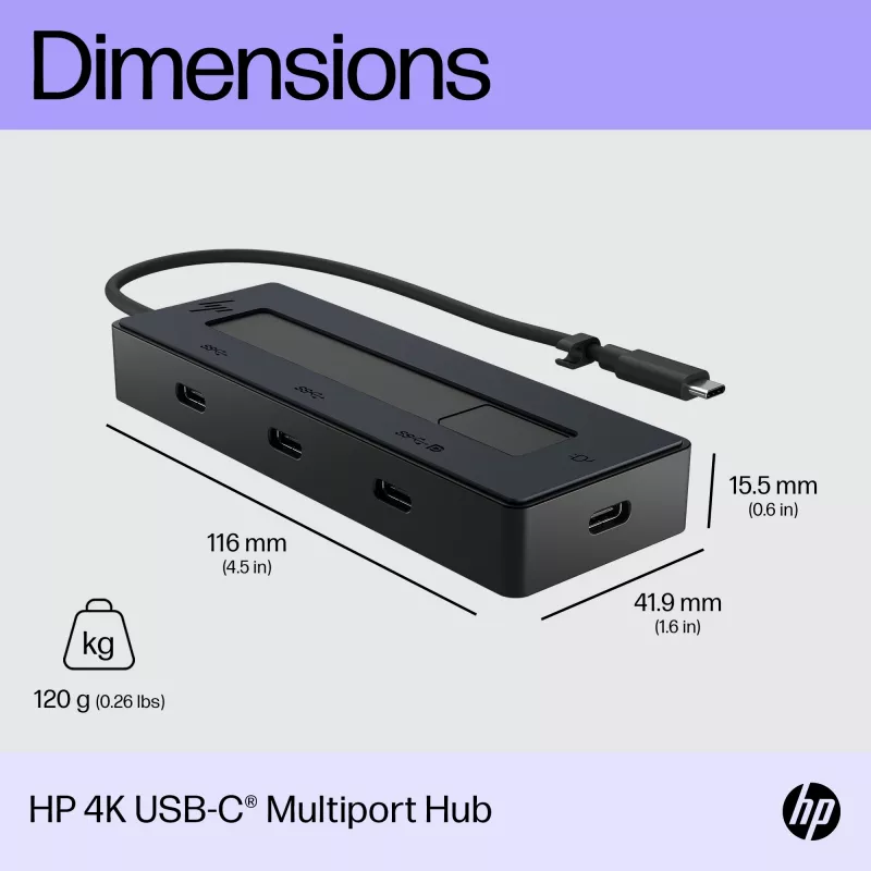 HP 4K USB-C Multiport Hub, USB Type-C, USB 3.2 Gen 2 (3.1 Gen 2) Type-C, 10000 Mbit/s, Black, 4K Ultra HD, China