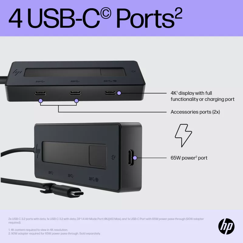 HP 4K USB-C Multiport Hub, USB Type-C, USB 3.2 Gen 2 (3.1 Gen 2) Type-C, 10000 Mbit/s, Black, 4K Ultra HD, China