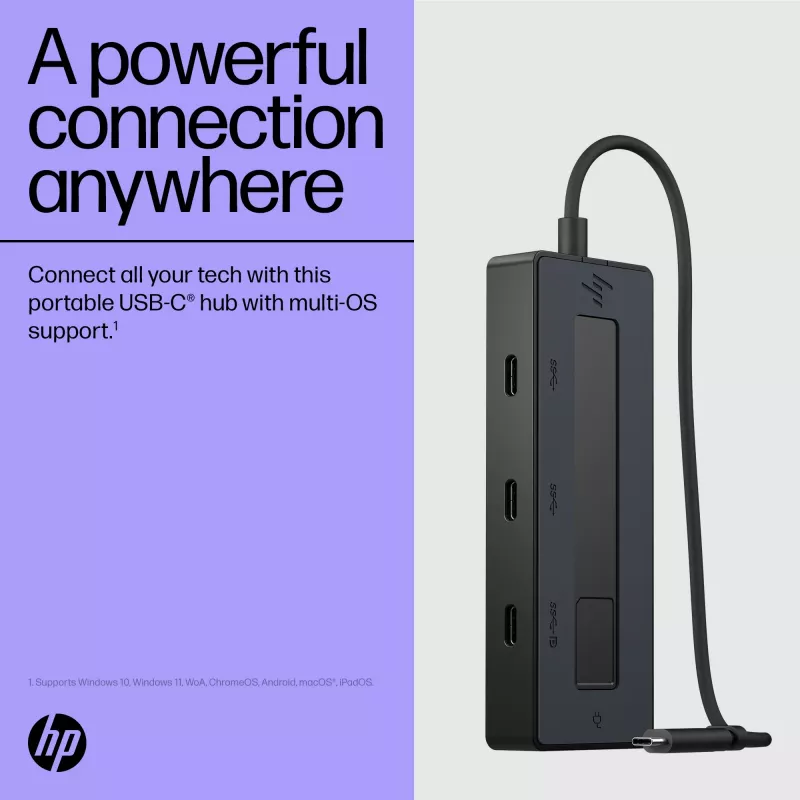 HP 4K USB-C Multiport Hub, USB Type-C, USB 3.2 Gen 2 (3.1 Gen 2) Type-C, 10000 Mbit/s, Black, 4K Ultra HD, China